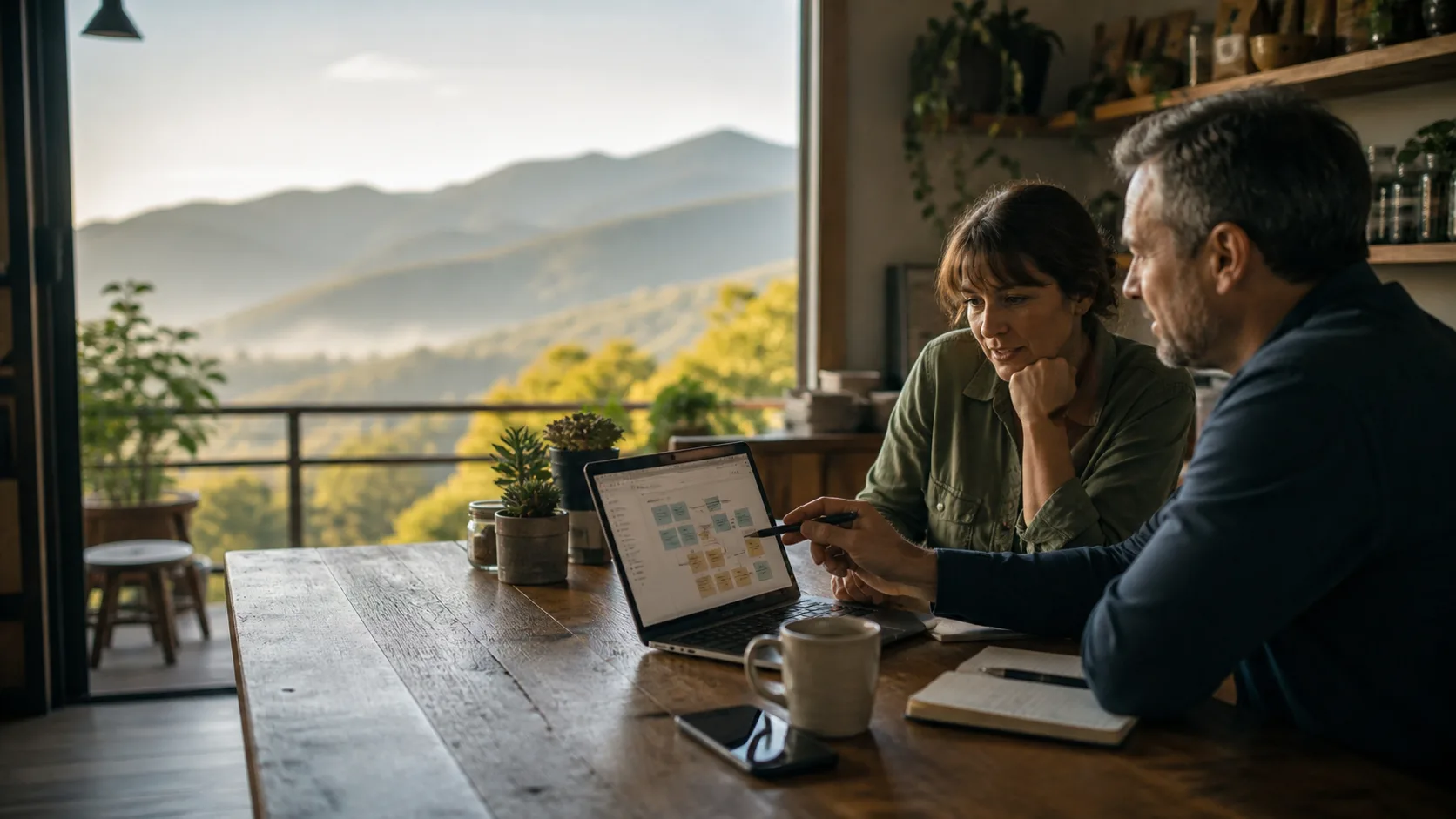 Two people reviewing a workflow diagram on a laptop in a Western North Carolina workspace.